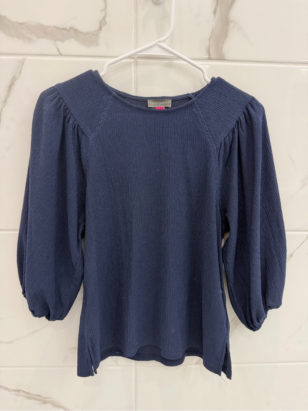 Vince Camuto Navy Textured Puff-Sleeve Long Sleeve Top